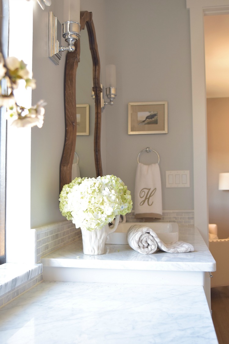 hydrangeas white bathroom cararra marble