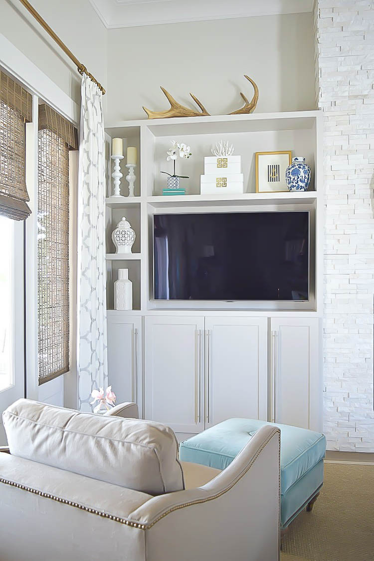 shelf styling gray cabinets