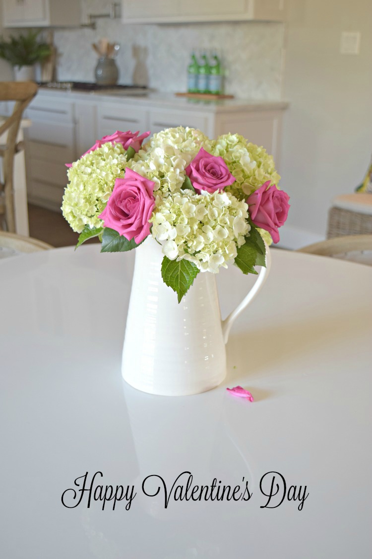 valentines boquet pink roses white hydrangeas arrangement