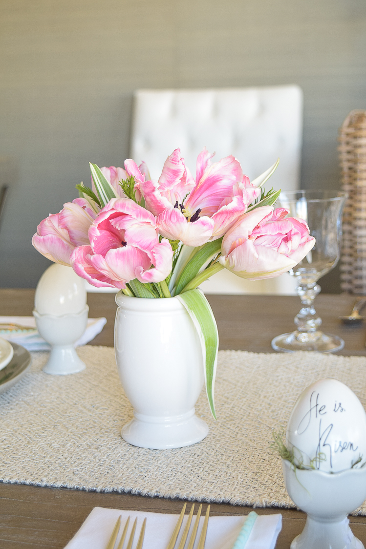 Easter table dishes flowers tablescape egg holder He is risen egg