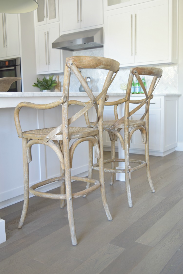 x back wooden bar stool white kitchen carrara marble grey hardwood floors 3