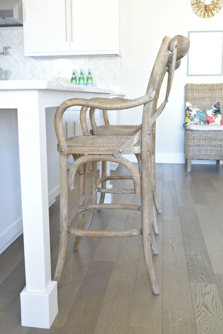 x back wooden bar stool white kitchen carrara marble grey hardwood floors