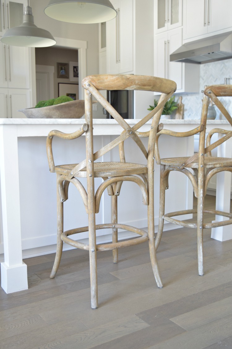 x back wooden bar stool white kitchen grey hardwood floors RH pendants