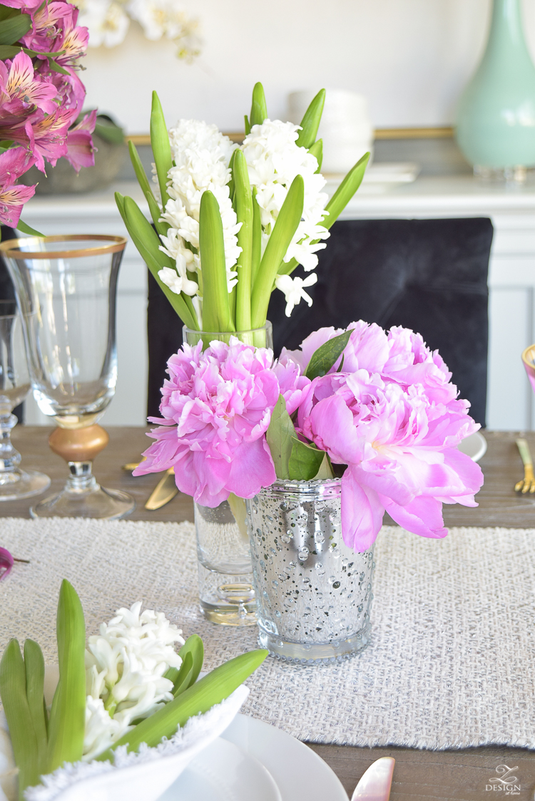 casual elegant mothers day table scape hyacinth alstromeria pink peonies-13