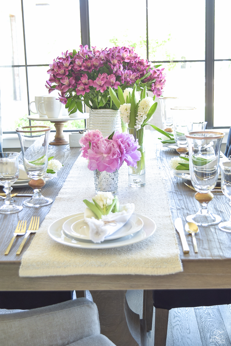 casual elegant mothers day table scape hyacinth alstromeria pink peonies-21