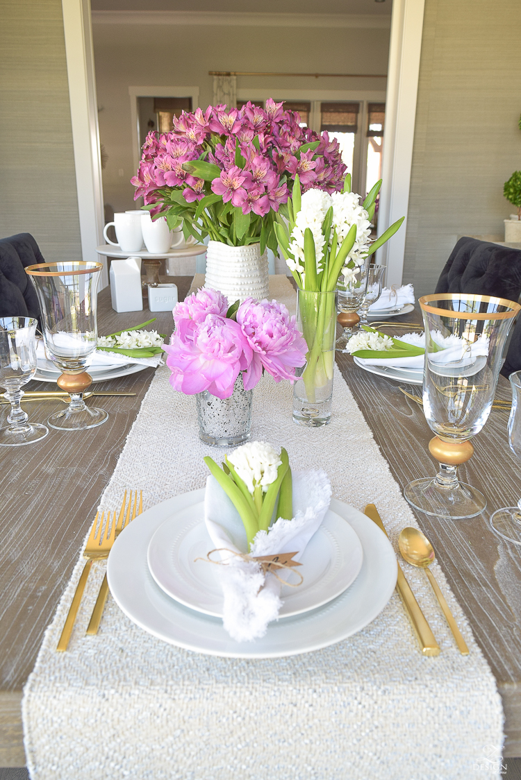 casual elegant mothers day table scape hyacinth alstromeria pink peonies-7