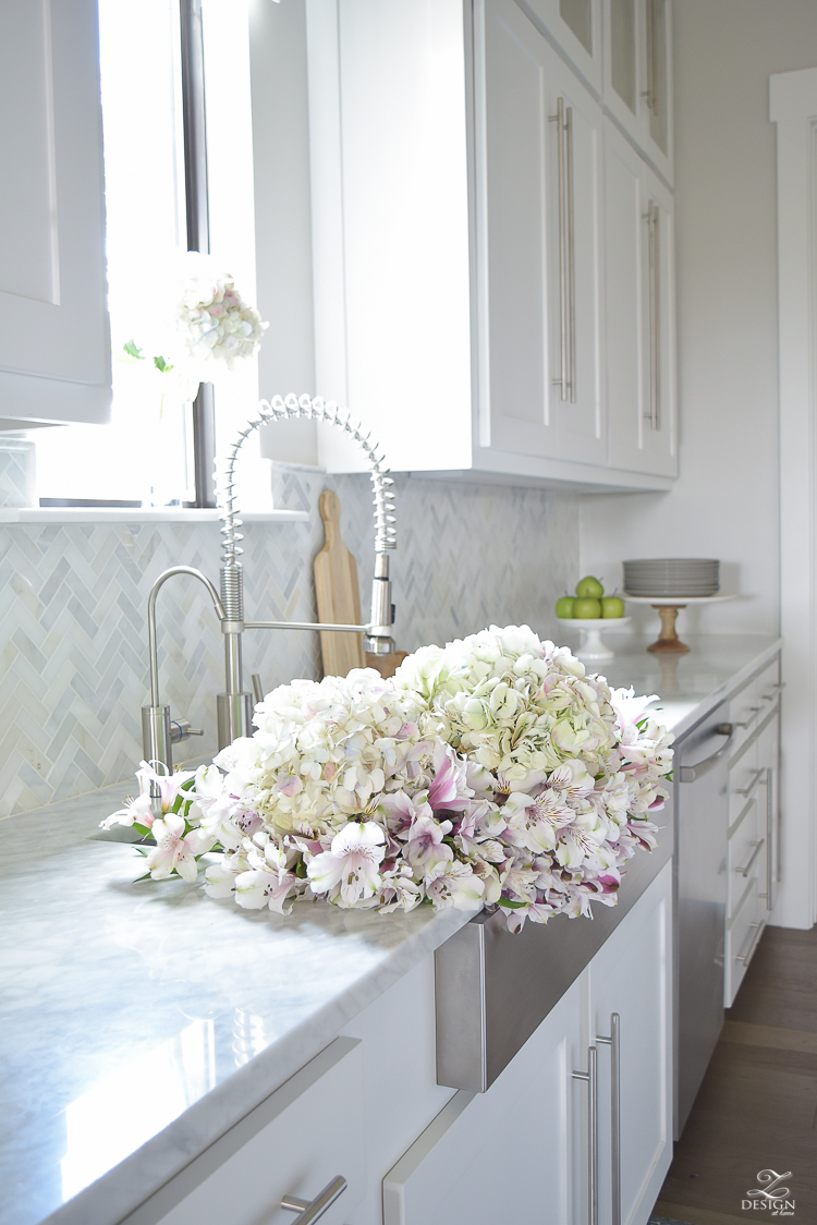 pink alstromeria pink white hydrangeas flowers in the sink