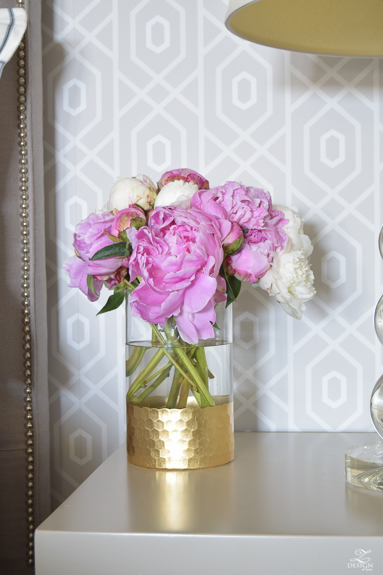 pink and white peonies next to bed geometric thibaut wallpaper_-2