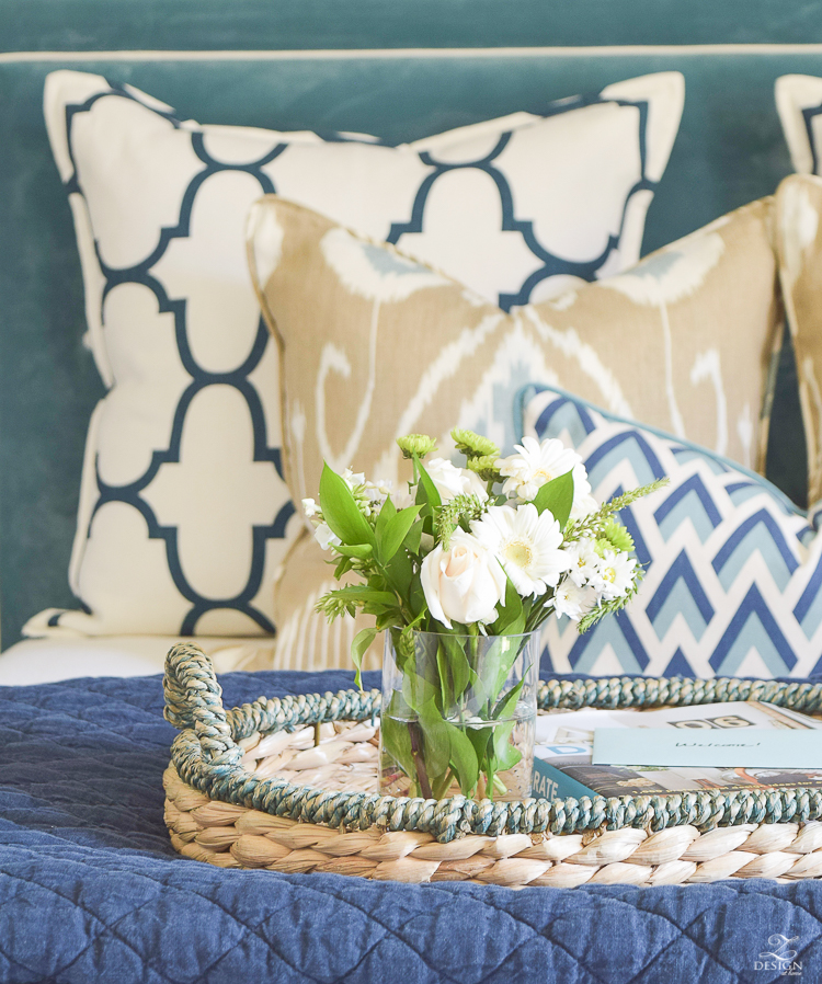 Simple Guest Room Tips Aqua Navy bedroom kravet riad navy pillows and curtains-10