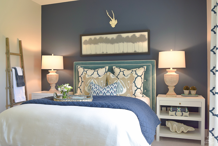 Simple Guest Room Tips Aqua Navy bedroom kravet riad navy pillows and curtains-11