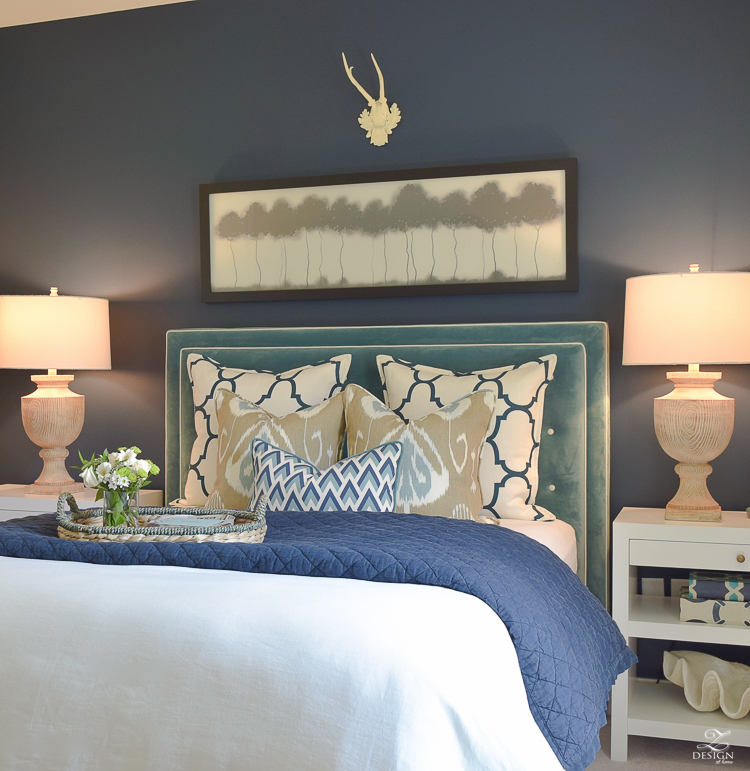 Simple Guest Room Tips Aqua Navy bedroom kravet riad navy pillows and curtains-12