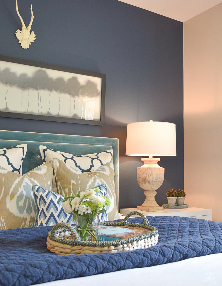 Simple Guest Room Tips Aqua Navy bedroom kravet riad navy pillows and curtains-13