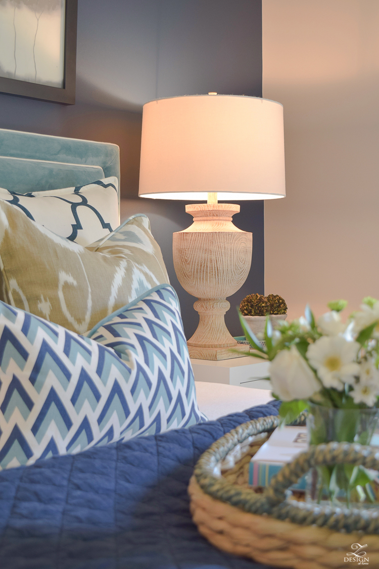 Simple Guest Room Tips Aqua Navy bedroom kravet riad navy pillows and curtains-15