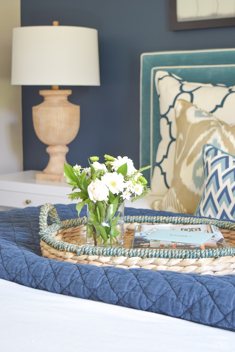 Simple Guest Room Tips Aqua Navy bedroom kravet riad navy pillows and curtains-3