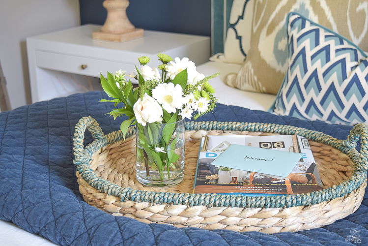 Simple Guest Room Tips Aqua Navy bedroom kravet riad navy pillows and curtains-4