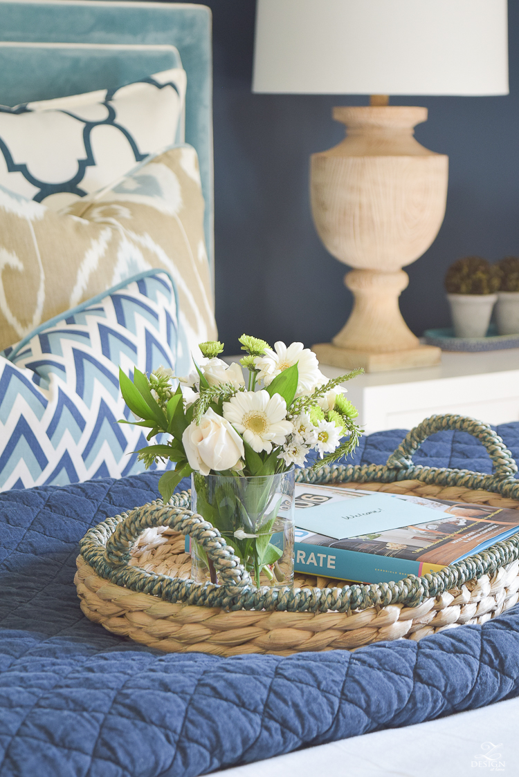 Simple Guest Room Tips Aqua Navy bedroom kravet riad navy pillows and curtains-8