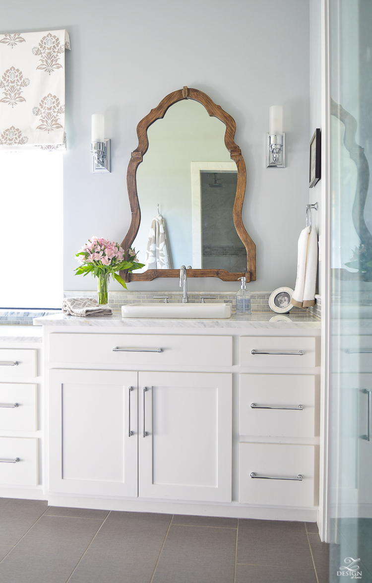 neutral transitional master bath white cabinets carrara marble benjamin moore silver lake Uttermost Augusta Wooden Mirror -1