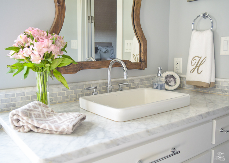 neutral transitional master bath white cabinets carrara marble benjamin moore silver lake Uttermost Augusta Wooden Mirror -2