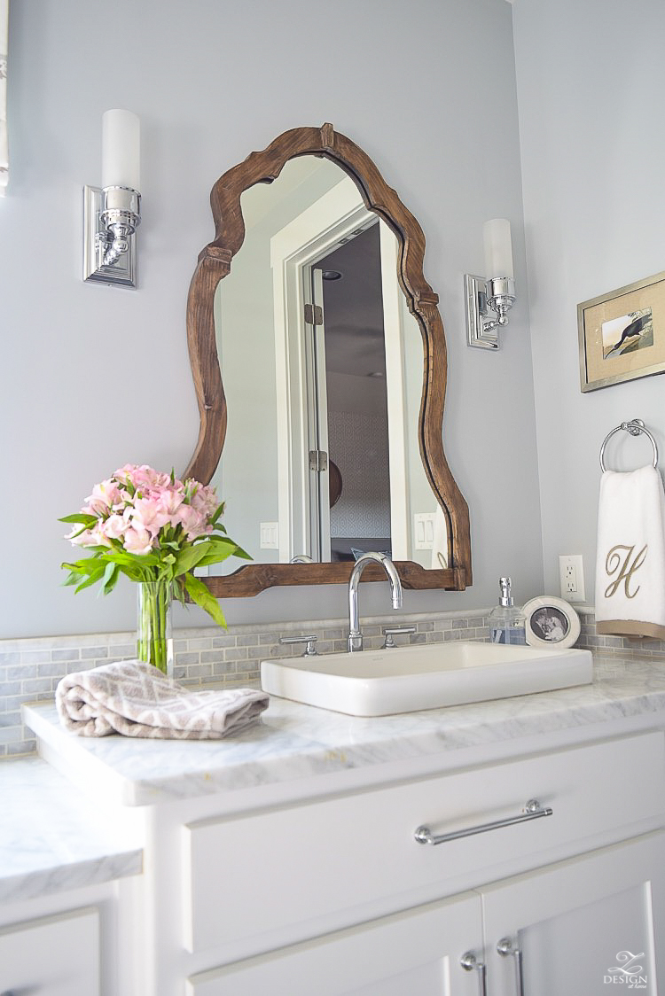 neutral transitional master bath white cabinets carrara marble benjamin moore silver lake Uttermost Augusta Wooden Mirror -3