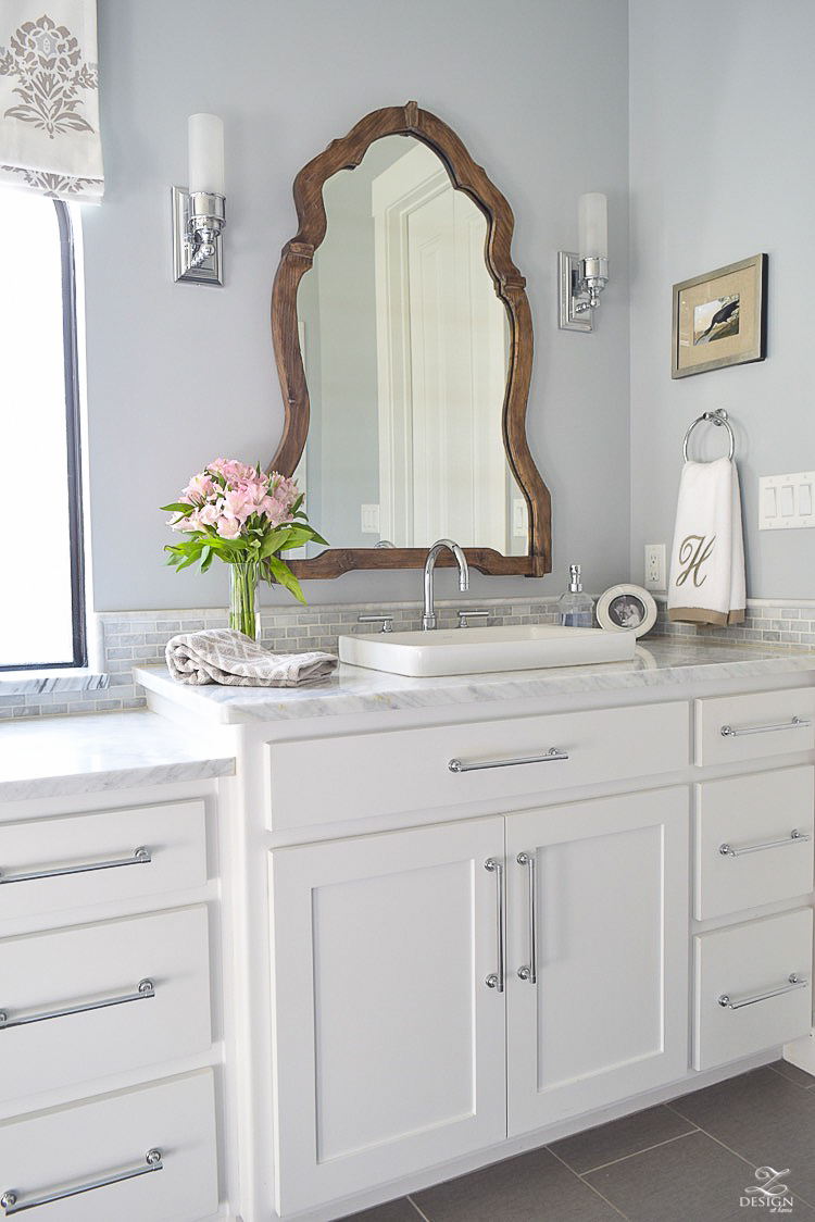 neutral transitional master bath white cabinets carrara marble benjamin moore silver lake Uttermost Augusta Wooden Mirror -4