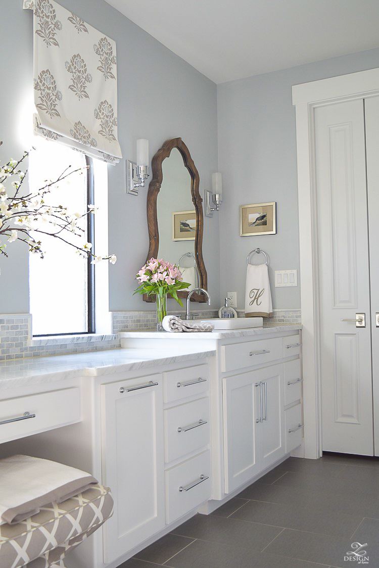 transitional white bathroom white cabinets carrara marble counter tops benjamin moore silver lake-1