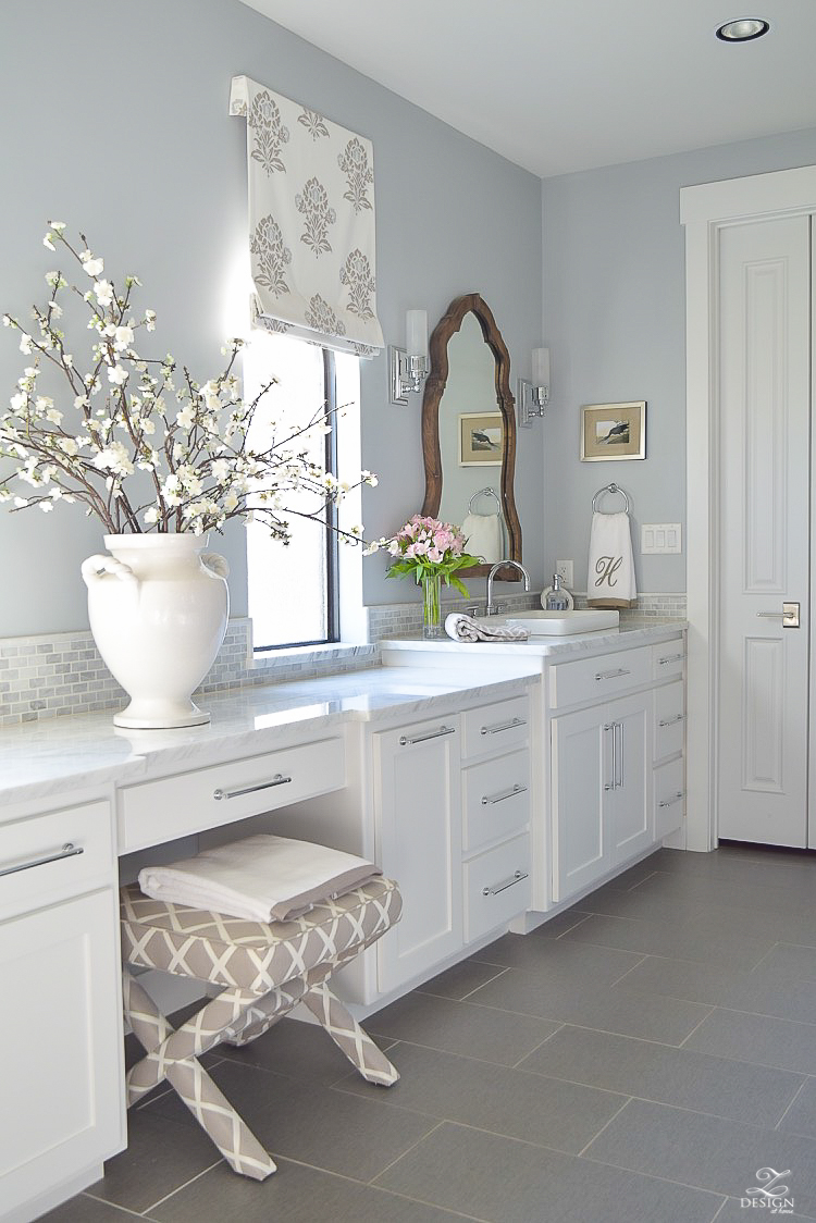 transitional white bathroom white cabinets carrara marble counter tops benjamin moore silver lake-2