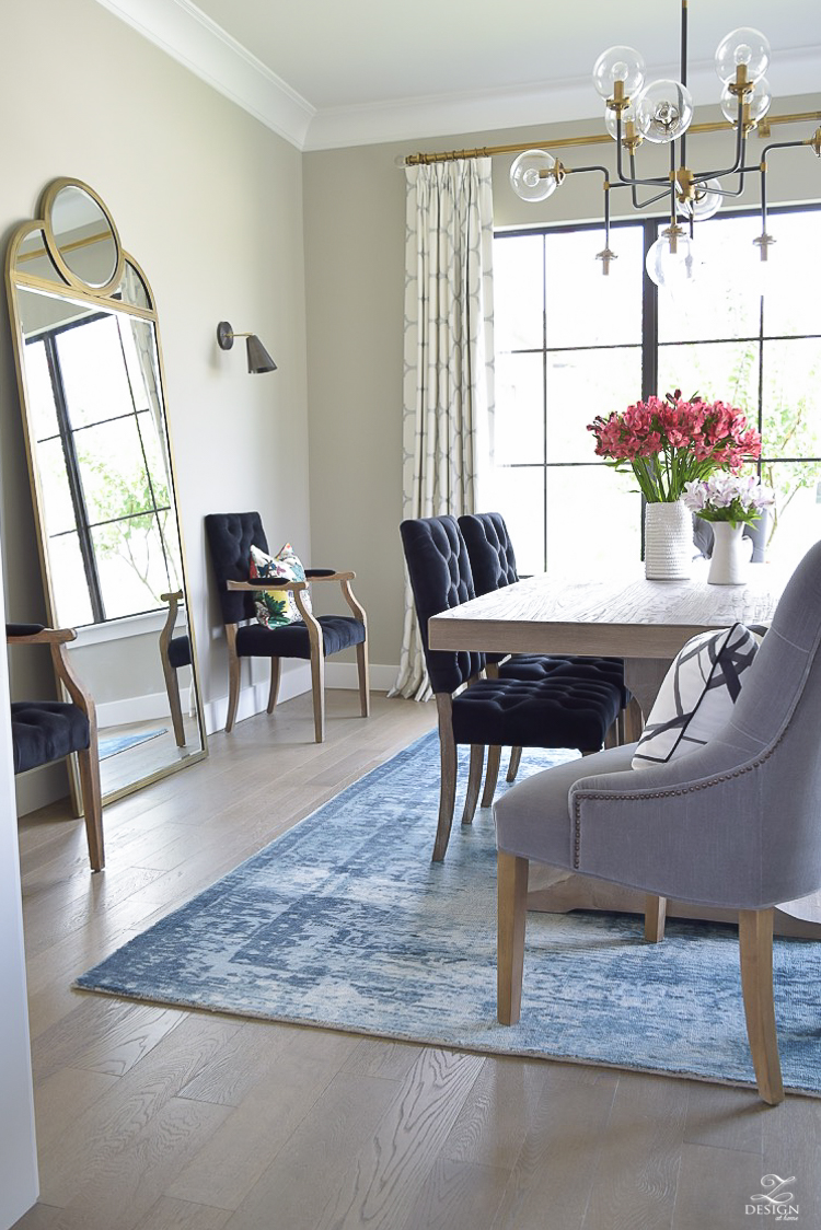 Kravet Riad fabric curtains in silver blue vintage inspired rug transitional modern dining room-2