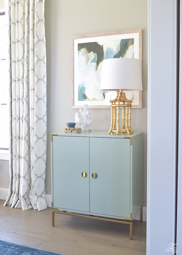 transitional modern dining room gold bamboo lamp aqua bar cabinet minted art