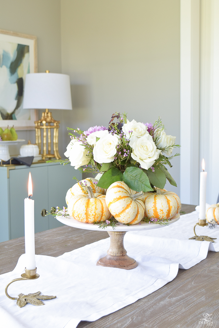 easy-fall-pumpkin-centerpiece-white-linen-table-runner-brass-leaf-candlesticks-dining-room-2