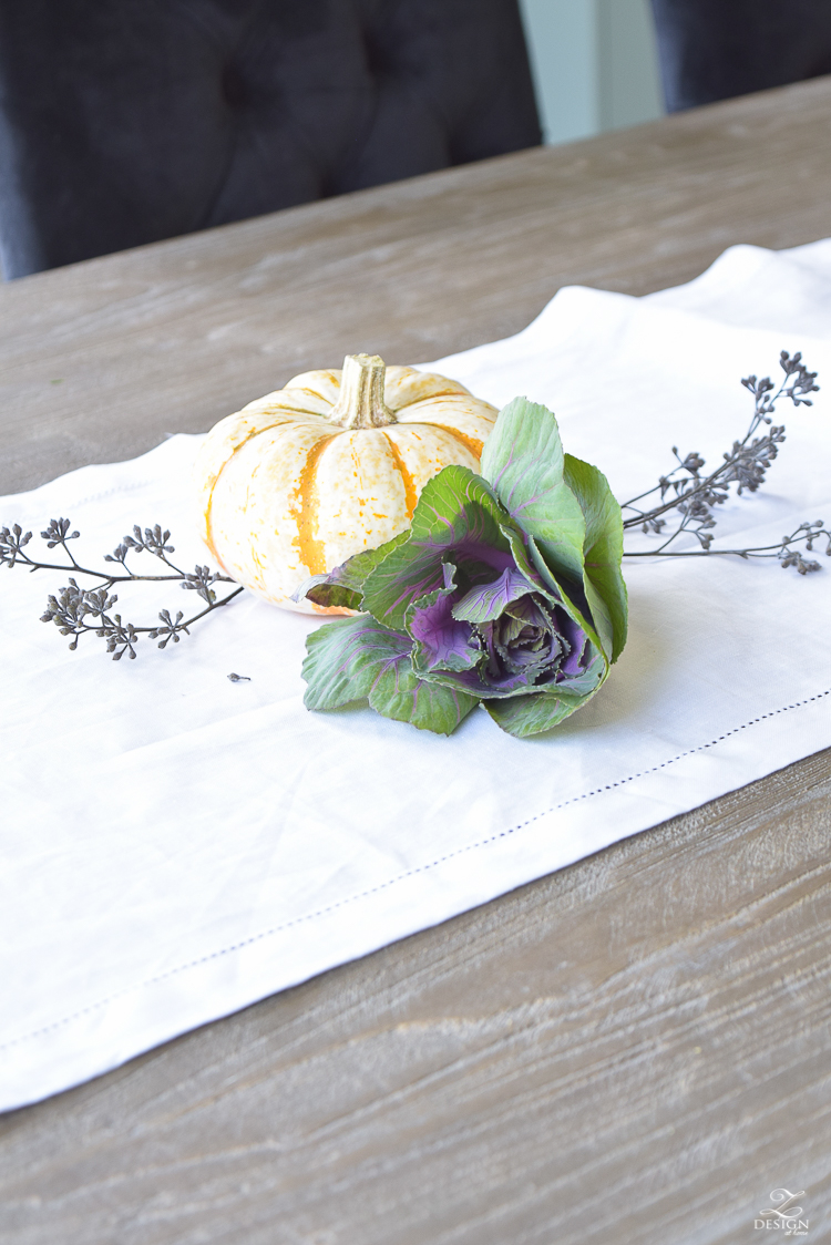 easy-fall-pumpkin-centerpiece-white-linen-table-runner-brass-leaf-candlesticks-dining-room-5