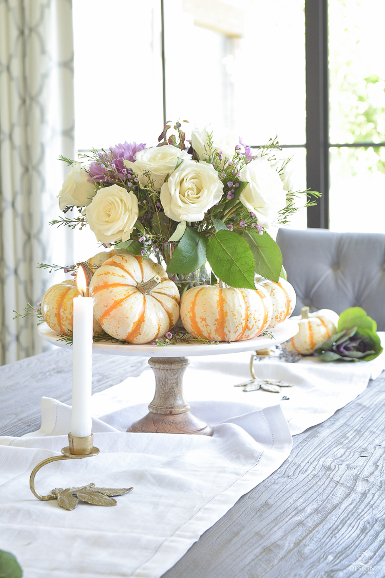 easy-fall-pumpkin-centerpiece-white-linen-table-runner-brass-leaf-candlesticks-dining-room-6