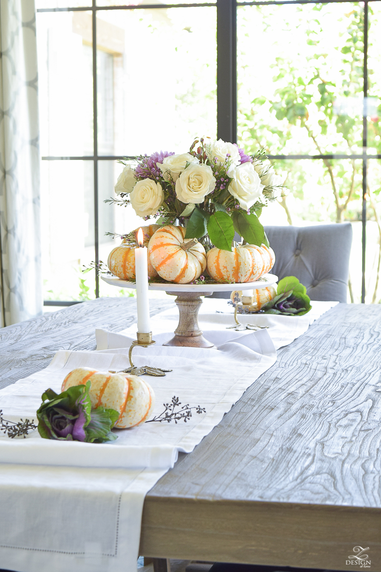 easy-fall-pumpkin-centerpiece-white-linen-table-runner-brass-leaf-candlesticks-dining-room-7