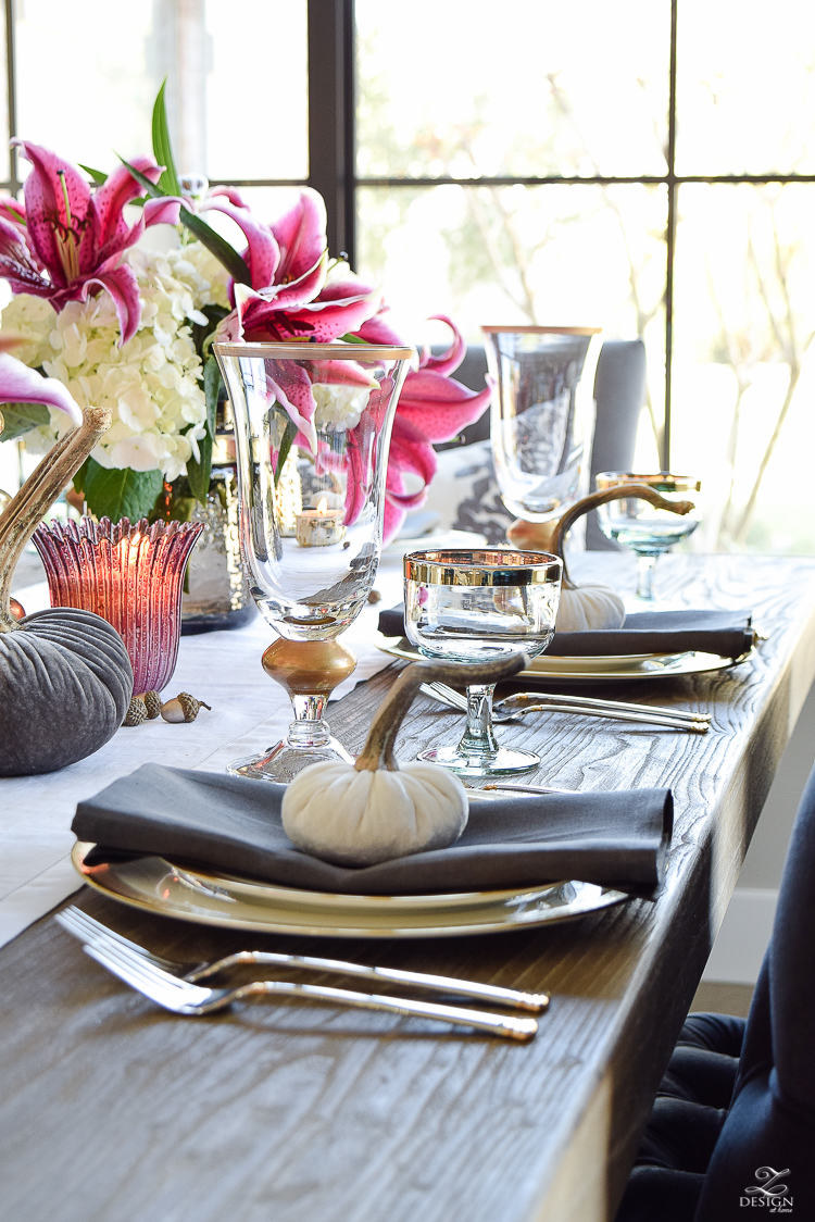 thanksgiving-tablescape-rustic-gray-table-dumont-dining-table-gold-accorn-scatter-white-hydrangeas-with-plum-lillies-3