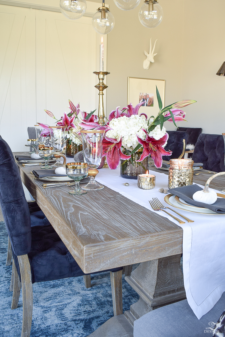 thanksgiving-tablescape-rustic-gray-table-dumont-dining-table-gold-accorn-scatter-white-hydrangeas-with-plum-lillies-5