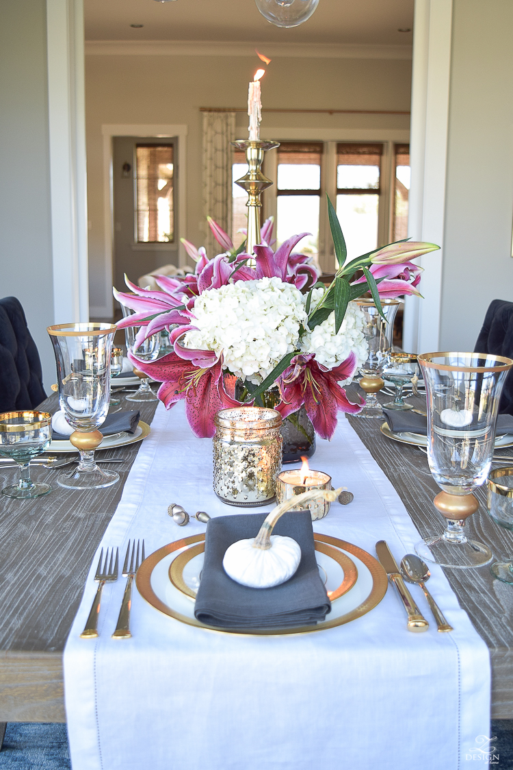 thanksgiving-table-scape-black-velvet-chairs-vintage-inspired-blue-rug-kravet-riad-curtains-gray-washed-dining-table-white-hydrangeas-plum-lillies-10