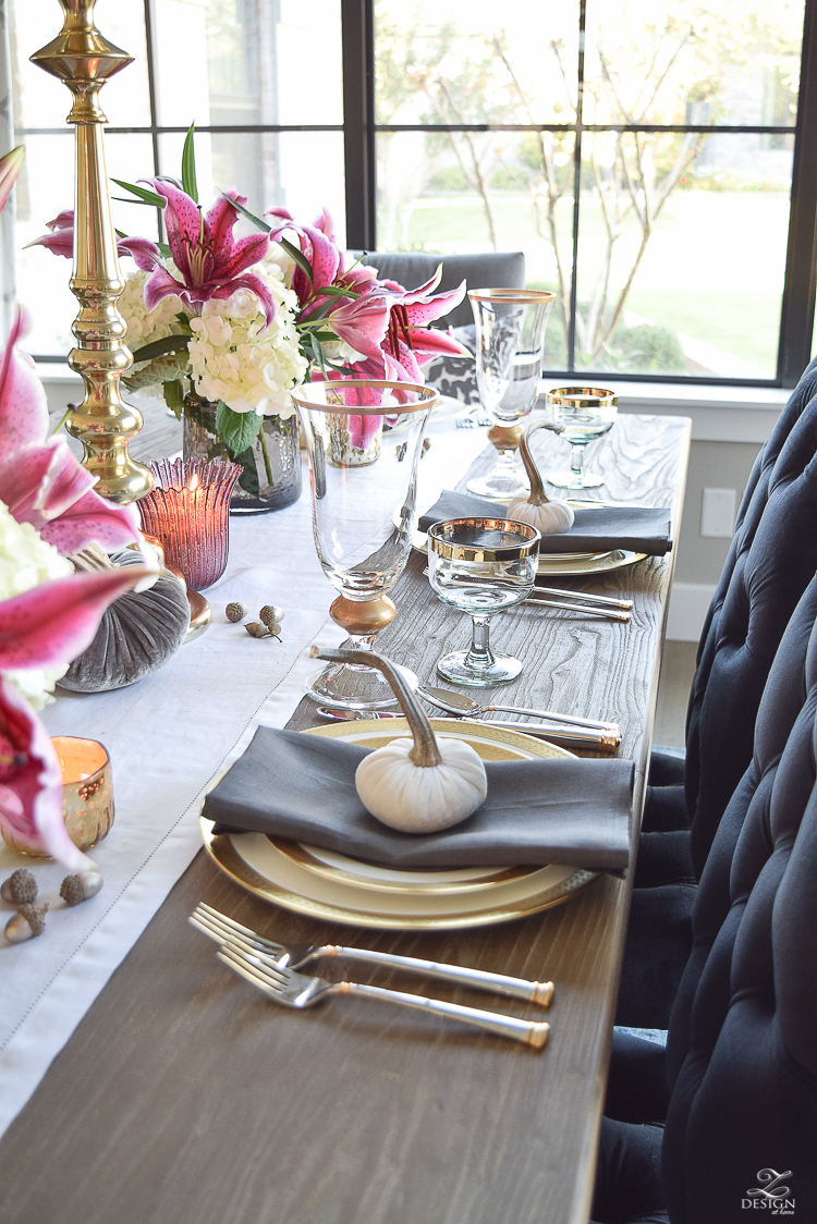 thanksgiving-table-scape-black-velvet-chairs-vintage-inspired-blue-rug-kravet-riad-curtains-gray-washed-dining-table-white-hydrangeas-plum-lillies-14