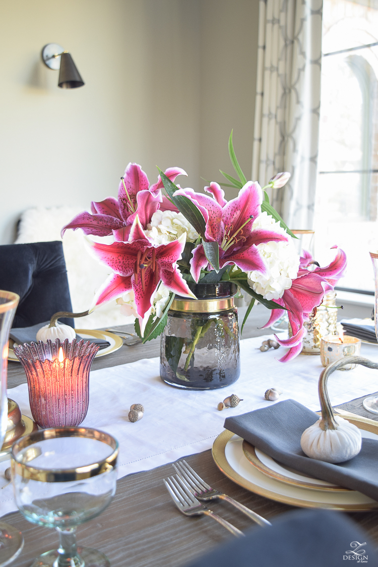 thanksgiving-table-scape-black-velvet-chairs-vintage-inspired-blue-rug-kravet-riad-curtains-gray-washed-dining-table-white-hydrangeas-plum-lillies-15