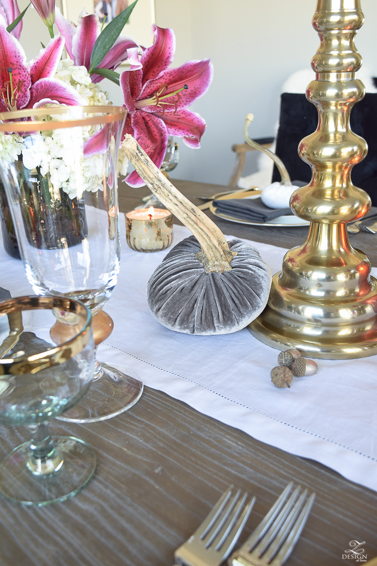 thanksgiving-table-scape-black-velvet-chairs-vintage-inspired-blue-rug-kravet-riad-curtains-gray-washed-dining-table-white-hydrangeas-plum-lillies-7