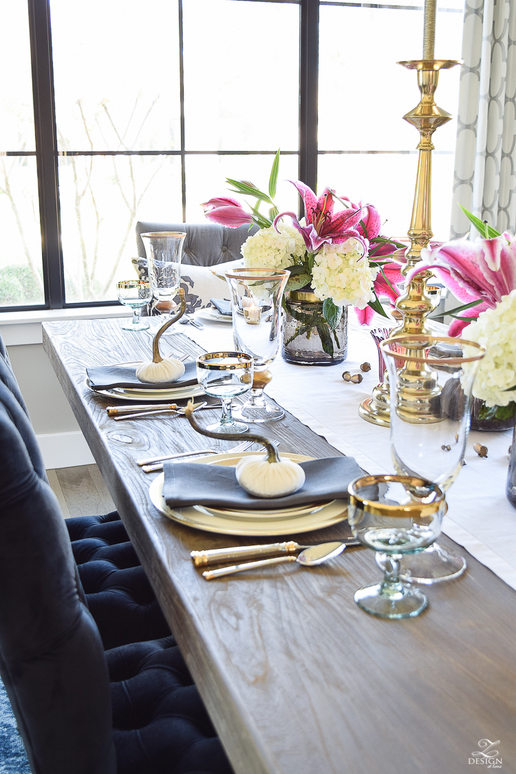 thanksgiving-table-scape-white-linen-table-runner-lennox-white-and-gold-dishes-hydrangeas-and-orchids-brass-candlestick-holders-6