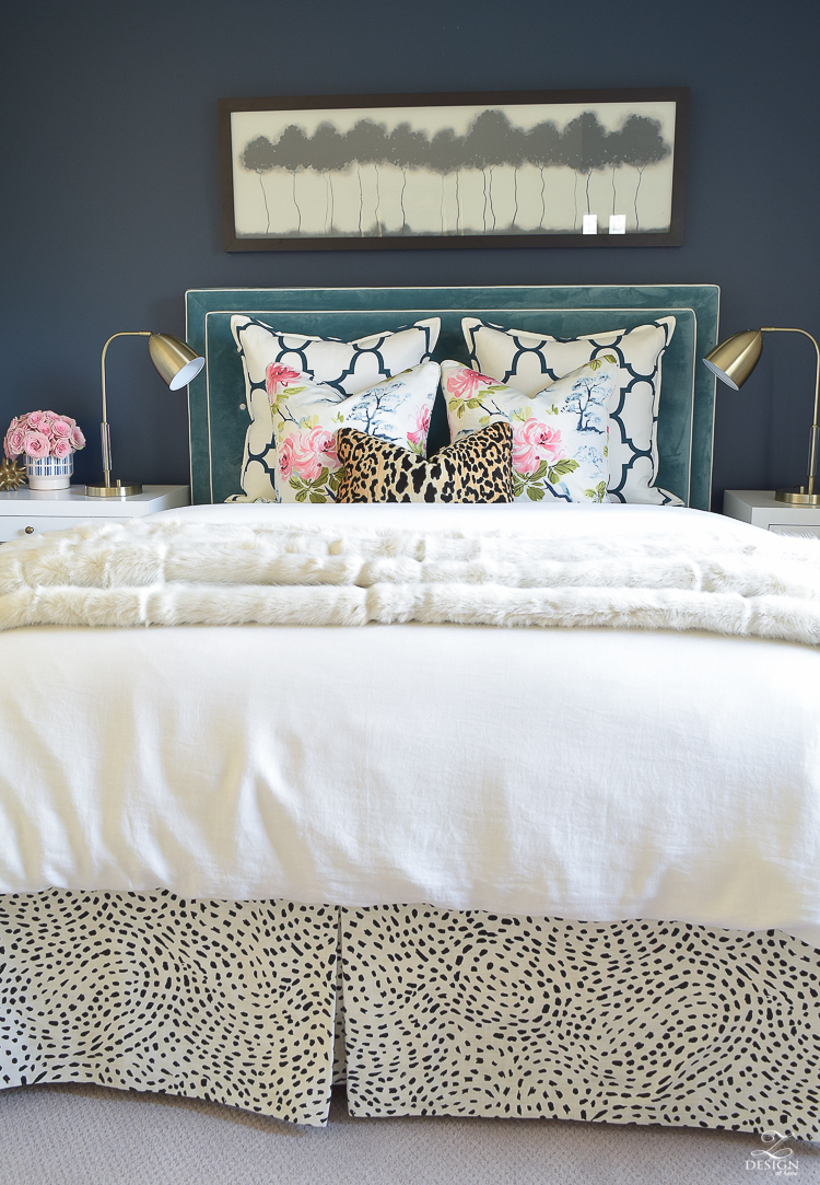 kravet-riad-in-navy-pillows-eastern-charm-floral-fabric-bianca-leopard-fabric-white-faux-fur-throw-navy-accent-wall-3