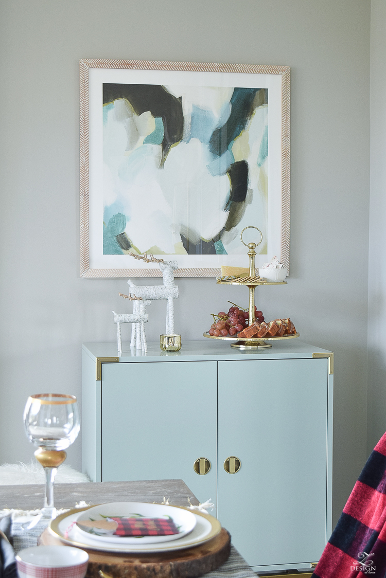 christmas-home-tour-aqua-bar-cabinet-brass-and-glass-tiered-tray-white-wood-reindeer-minted-abstract-art-sherwin-williams-mindful-gray-paint-1