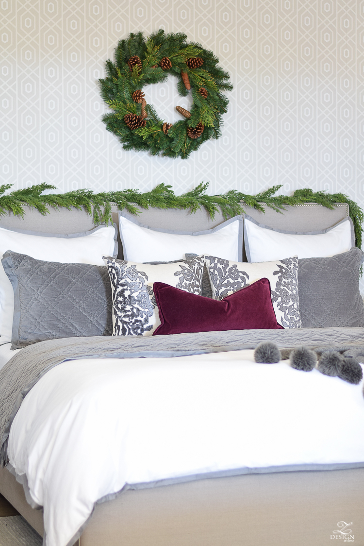 bedroom-christmas-home-tour-chirstmas-bedding-round-faceted-mirror-white-christmas-decor-flocked-tree-geometric-wallpaper-4