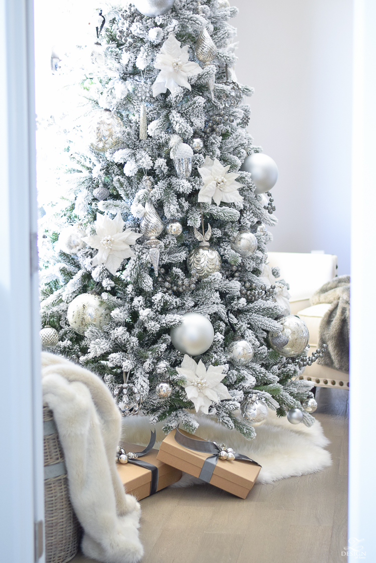 christmas-home-tour-king-of-christmas-flocked-tree-modern-gift-wrap-mercury-glass-ornaments-sheep-skin-rug-tree-skirt-white-and-jeweled-ornaments-4