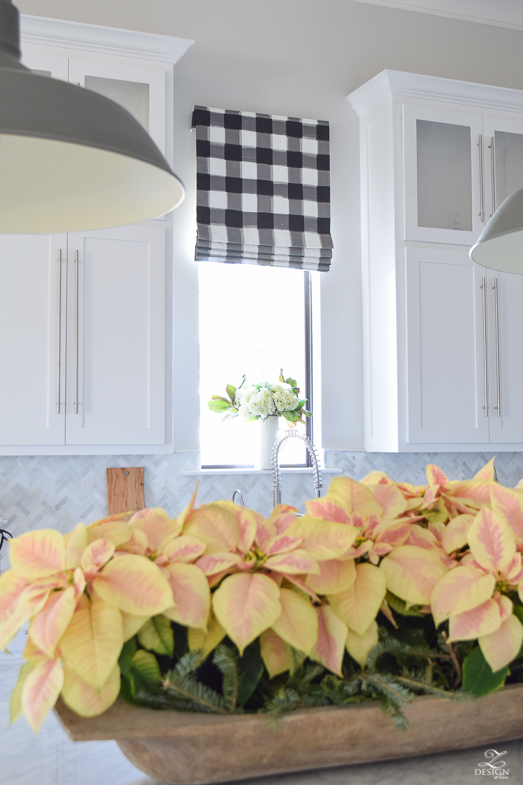 the-drawn-company-faux-roman-shade-with-caitlin-wilson-buffalo-check-fabric-white-farmhouse-kitchen-with-white-carrara-marble-and-herringbone-backsplash-2