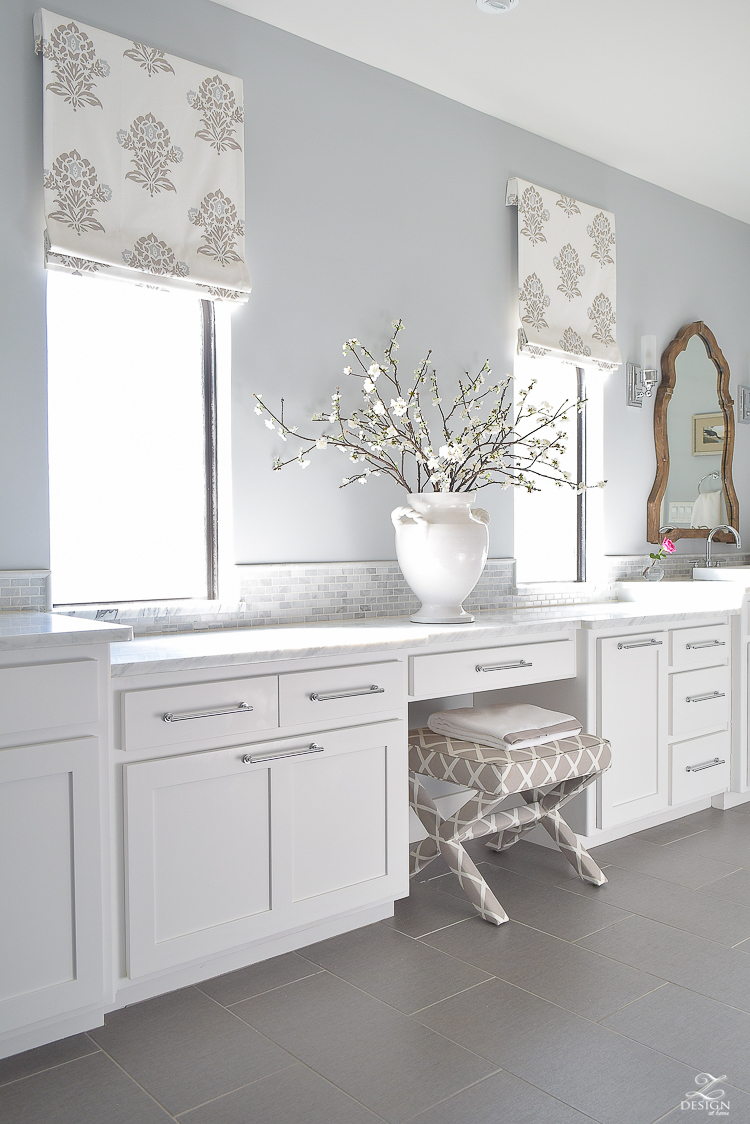 Faux Roman Shade Details white luxury master bath white carrara marble white shaker cabinets benjamin moore silver lake-1