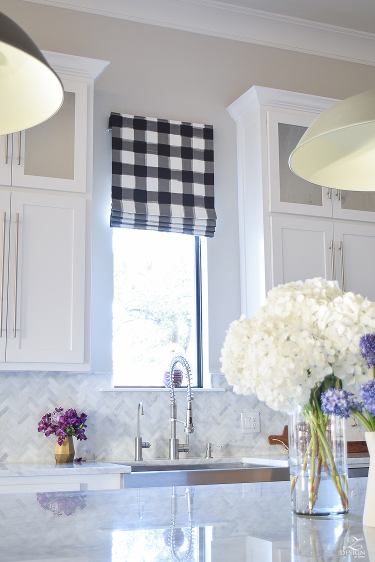 How to design a faux roman shade caitlin wilson buffalo check fabric white carrara marble farmhouse kitchen white cabinets-4