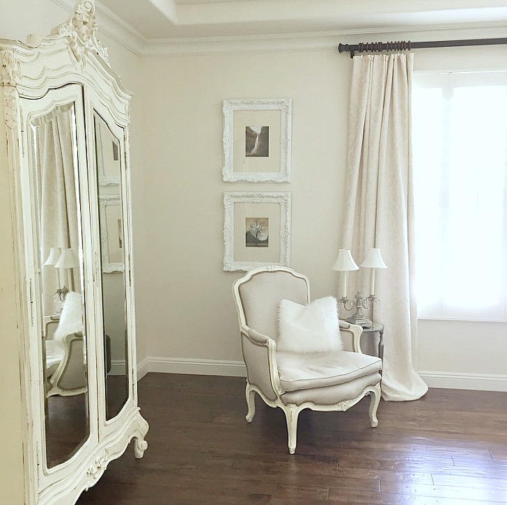 Randi Garrett Bedroom white velvet damask drapes white elegant bedroom