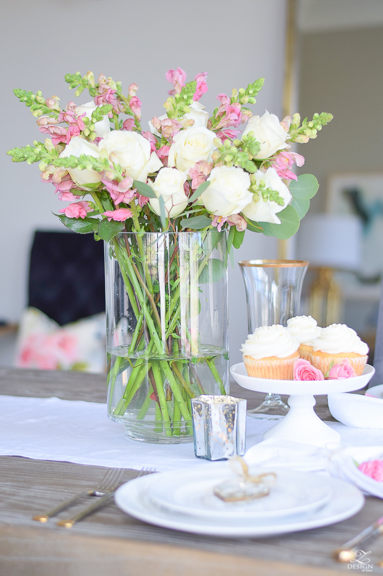 Valentines Tablescape white roses pink snap dragons white cup cakes-1