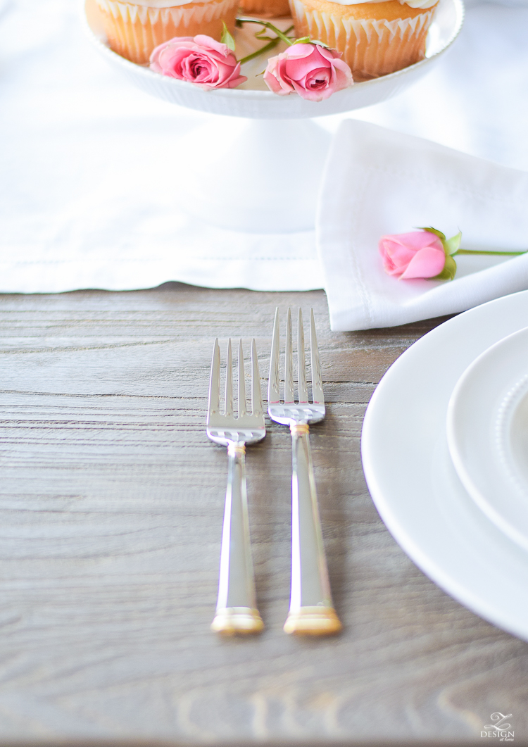 Valentines tablescape with eternal gold flatware gray washed table white roses pink snap dragons pink petite roses-1