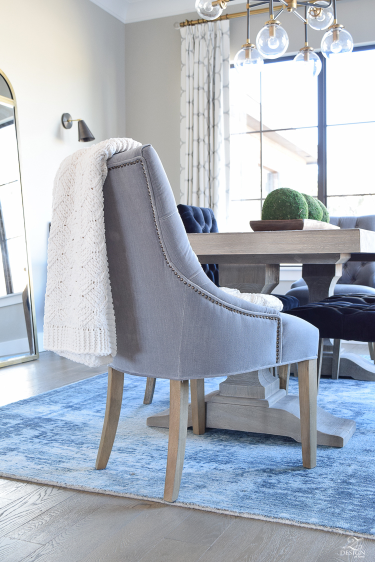 gray velvet dining chair with nail heads blue washed vintage inspired rug kravet riad drapes drapes sherwin williams mindful gray -1